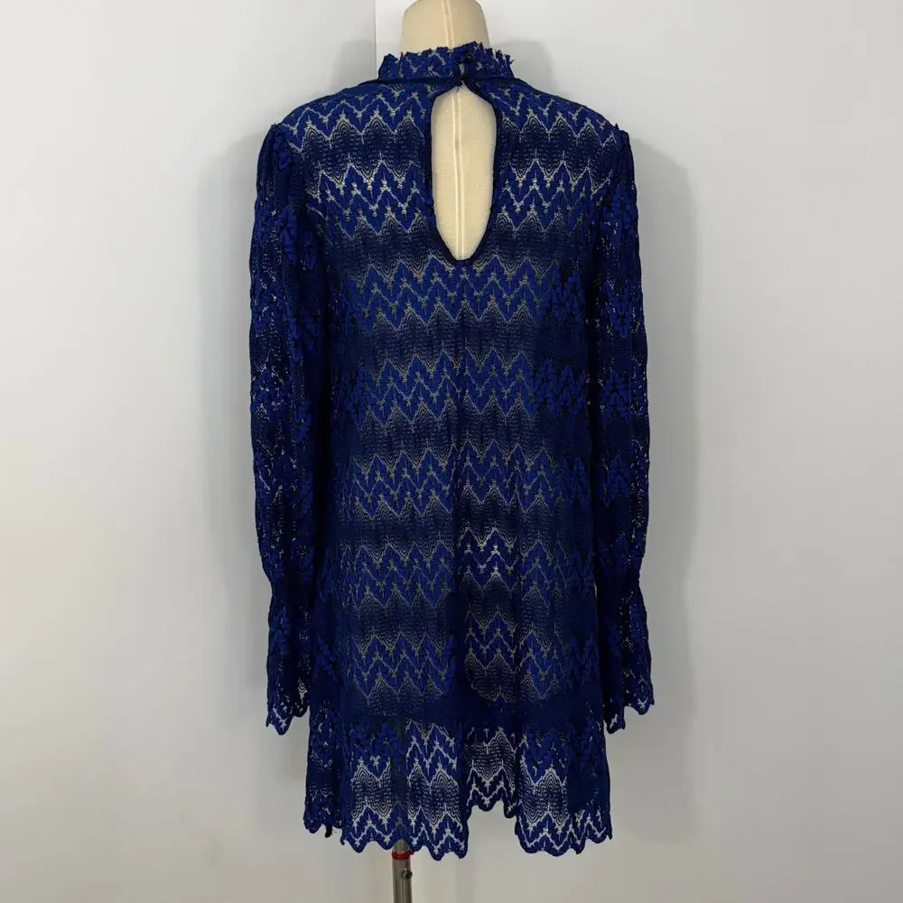 Free People Simone Lace Mini Dress Long Sleeve Zig Zag Cobalt Blue L No Slip